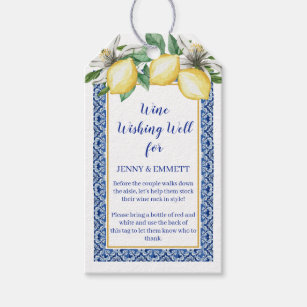 Lemon Blue Tile Wine Wishing Well Bridal Shower Gift Tags