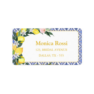  Lemon Blue Tiles Bridal Shower Return Address  Label