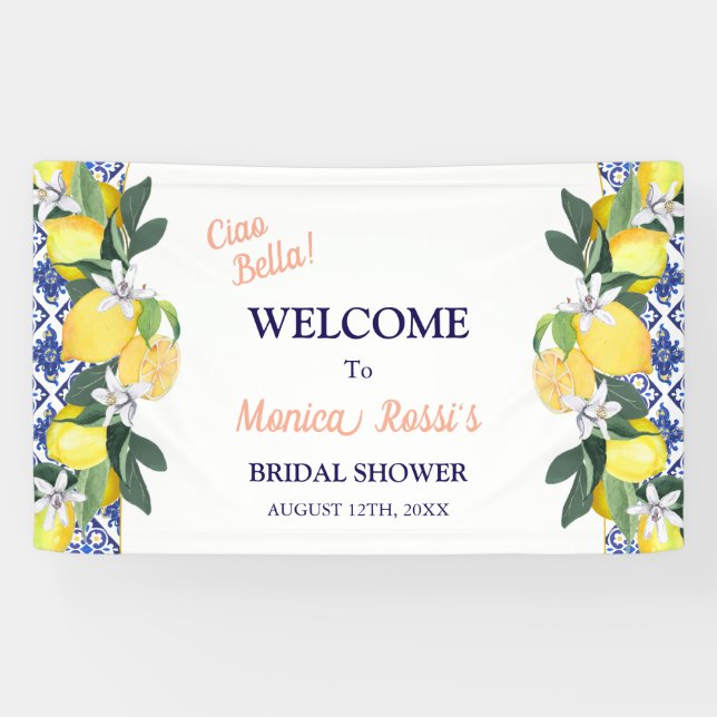 Lemon Blue Tiles Ciao Bella Bridal Shower Banner (Horizontal)