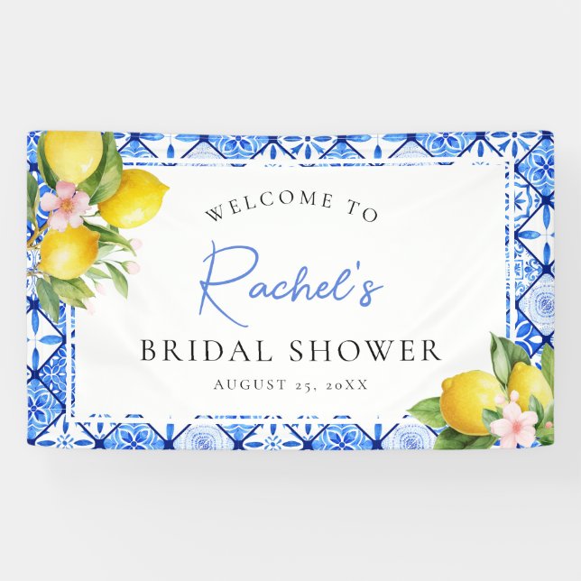 Lemon Blue Tiles Floral Bridal Shower Welcome Banner (Horizontal)