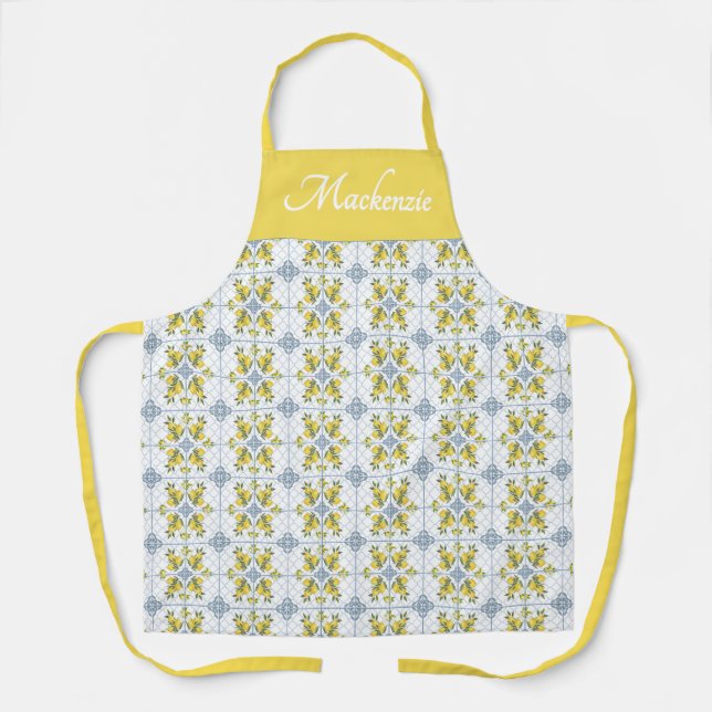 Lemon Blue Watercolor French Country Name Monogram Apron (Front)