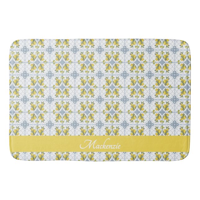 Lemon Blue Watercolor French Country Name Monogram Bath Mat (Front)