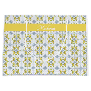 Lemon Blue Watercolor French Country Name Monogram Large Gift Bag