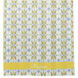 Lemon Blue Watercolor French Country Name Monogram Shower Curtain