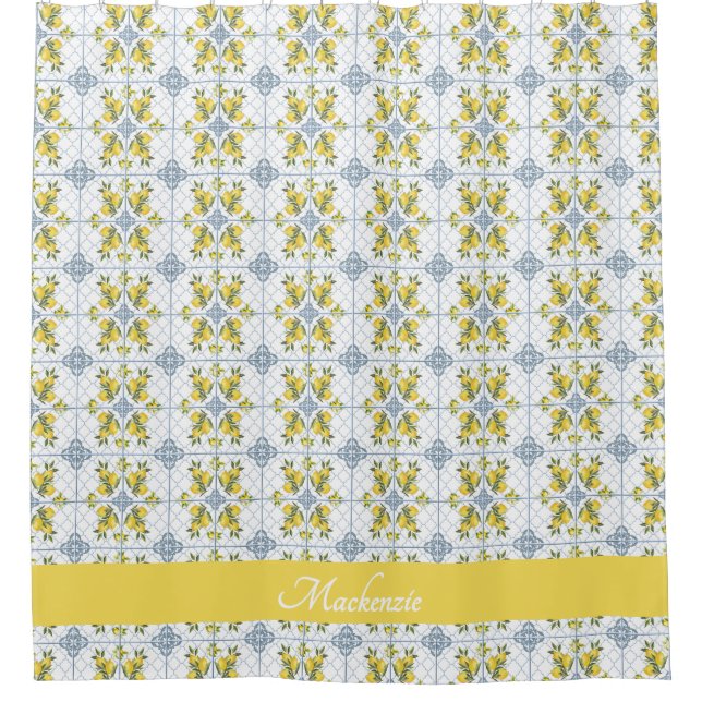 Lemon Blue Watercolor French Country Name Monogram Shower Curtain (Front)