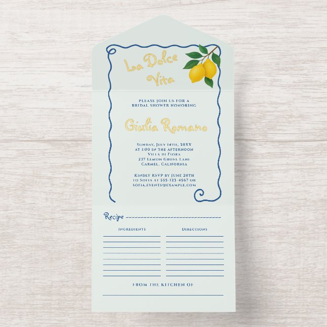 Lemon Blue Whimy Frame La Dolce Vita Bridal Shower All In One Invitation (Inside)