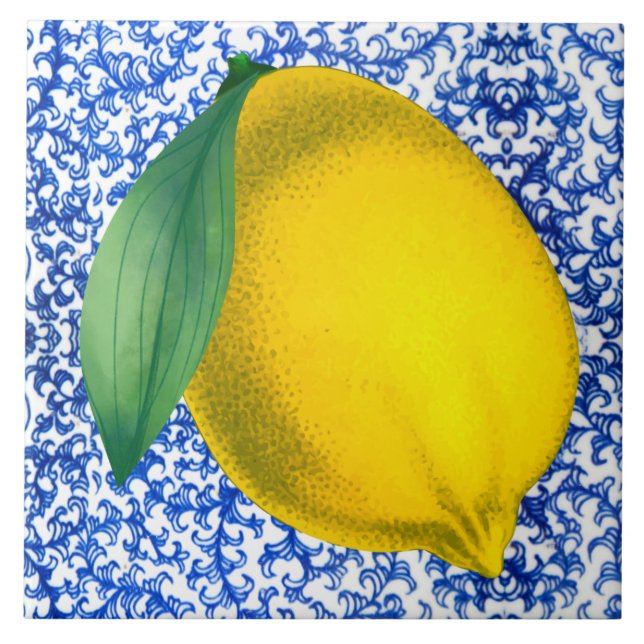 Lemon Blue White Porcelain Pattern Tile (Front)