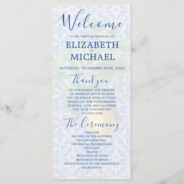 Lemon Blue White Tile Elegant  Wedding Programme (Front)