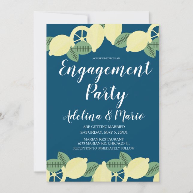 Lemon Boho Blue Modern Engagement Party Invitation (Front)