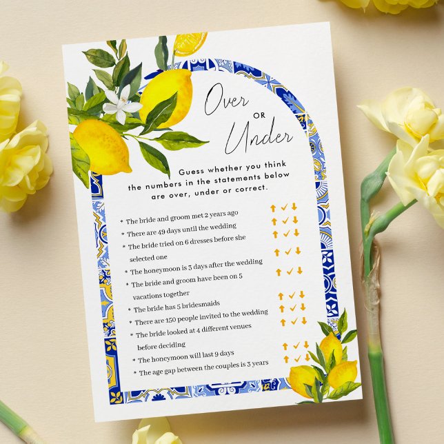 Lemon Boho Over or Under Bridal Shower Game Card (Creator Uploaded)