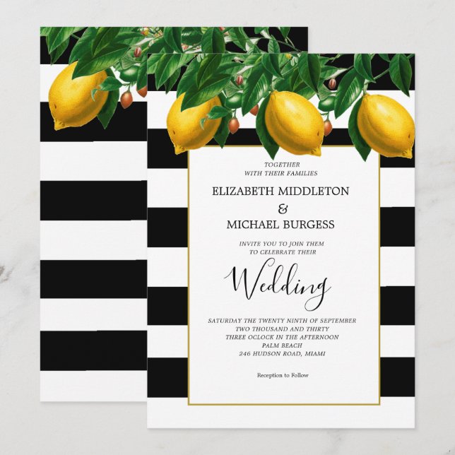 Lemon Botanical Black White Stripe  Wedding Invitation (Front/Back)