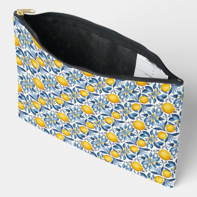 Lemon Botanical Blue and Yellow Summer Print Accessory Pouch (Open)