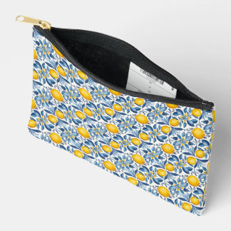 Lemon Botanical Blue and Yellow Summer Print Accessory Pouch