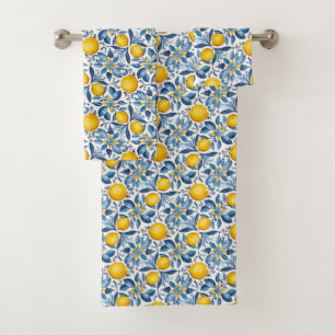 Lemon Botanical Blue and Yellow Summer Print Bath Towel Set