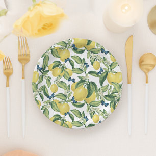 Lemon Botanical Blue Butterflies Paper Plate