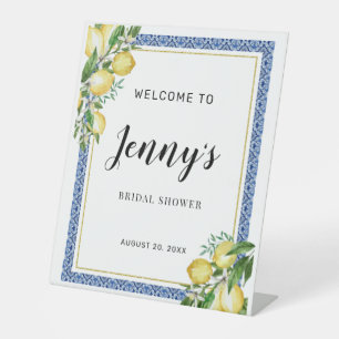 Lemon Botanical Blue Tile Bridal Shower Welcome Pedestal Sign