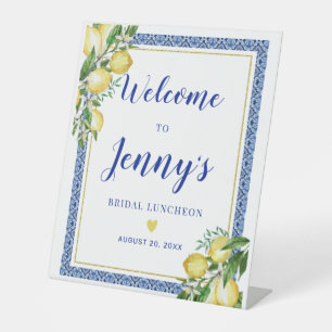 Lemon Botanical Blue Tile Bridal Shower Welcome Pedestal Sign