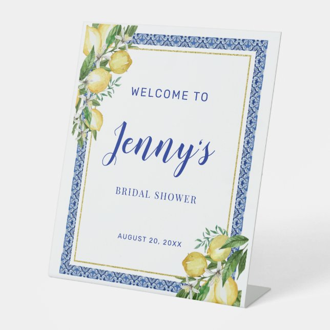 Lemon Botanical Blue Tile Bridal Shower Welcome Pedestal Sign (Front)