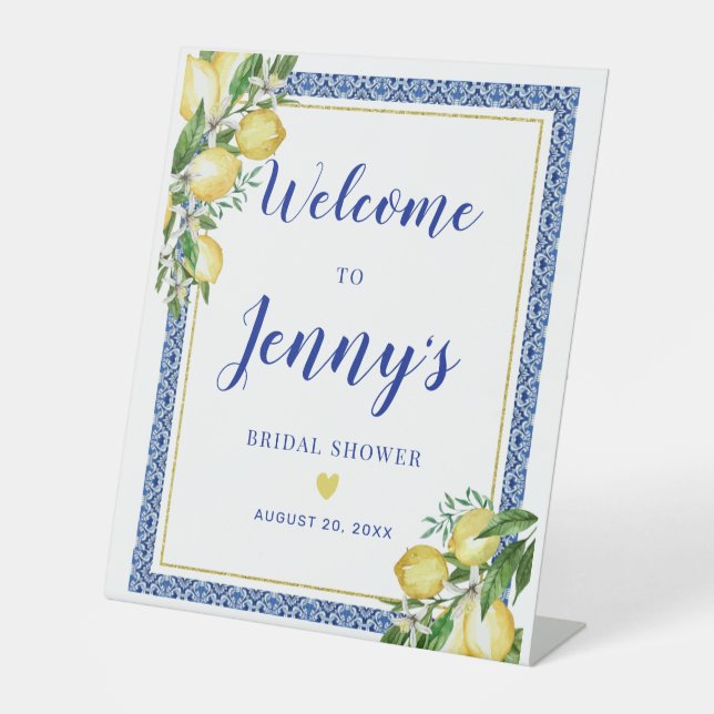 Lemon Botanical Blue Tile Bridal Shower Welcome Pedestal Sign (Front)