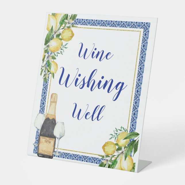Lemon Botanical Blue Tile Wine Wishing Well Pedestal Sign (Front)