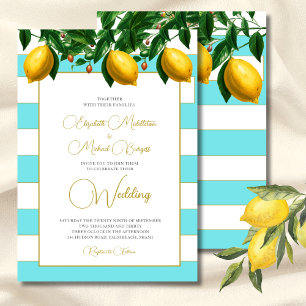 Lemon Botanical Blue White Stripe Wedding Invitation