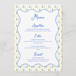 Lemon Botanical Citrus Blue & Yellow Chic Wedding Menu
