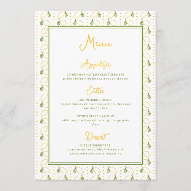 Lemon Botanical Citrus Summer Garden Wedding Menu (Front)