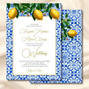 Lemon Botanical Italian Blue Tile Wedding  Invitation