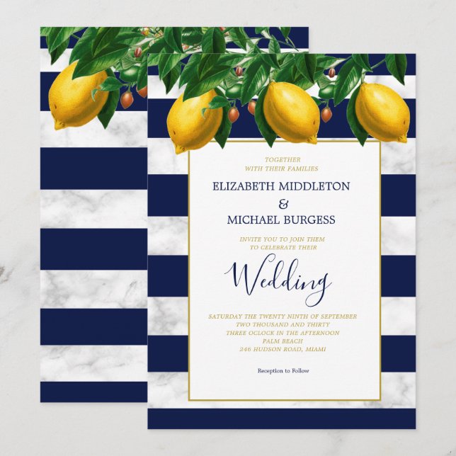Lemon Botanical Navy White Stripe  Marble Wedding Invitation (Front/Back)