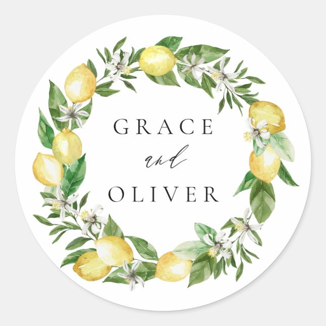 Lemon Botanical Wreath with Greenery Wedding Classic Round Sticker (Front)