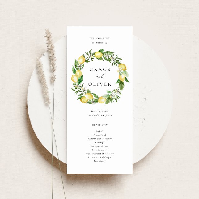 Lemon Botanical Wreath with Greenery Wedding Programme (Customizable Wedding Program Fan with Watercolor Lemons, Blossoms & Greenery Wreath)