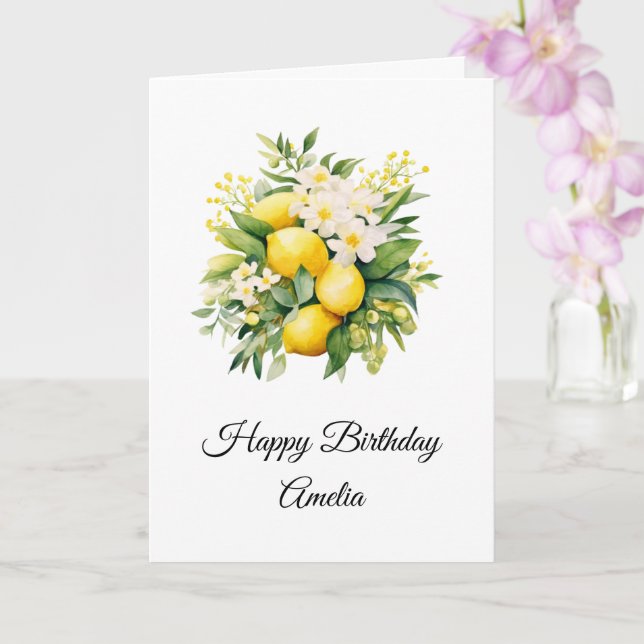 Lemon Bouquet with White Blossoms Birthday Card (Orchid)