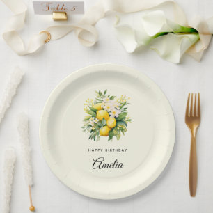 Lemon Bouquet with White Blossoms Birthday Paper Plate
