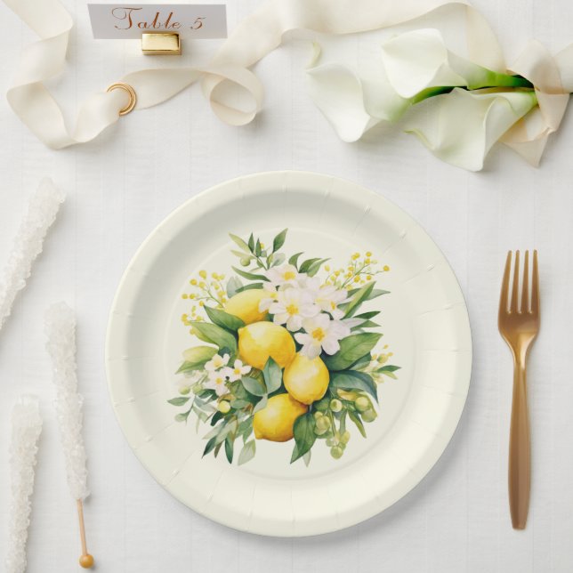 Lemon Bouquet with White Blossoms Paper Plate (Wedding)