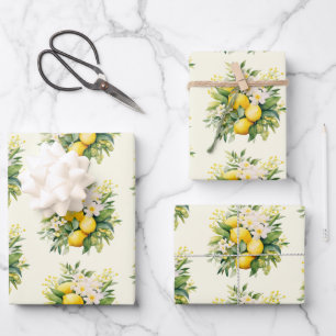 Lemon Bouquet with White Blossoms Pattern Wrapping Paper Sheet