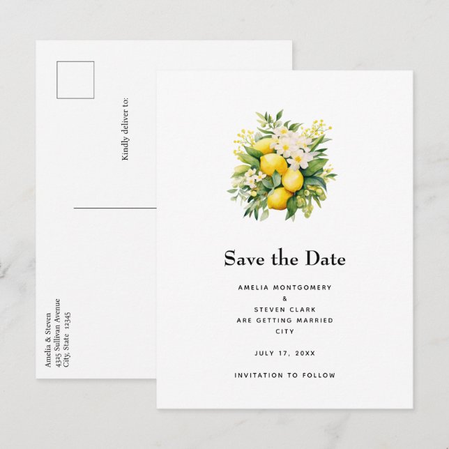 Lemon Bouquet with White Blossoms Wedding Announcement Postcard (Front/Back)
