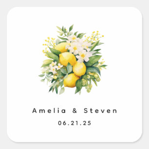 Lemon Bouquet with White Blossoms - Wedding Square Sticker