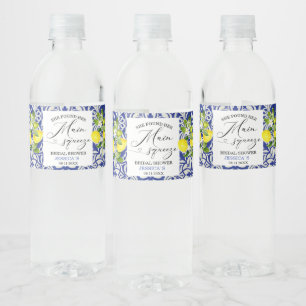 Lemon branch and blue mosaic bridal shower Water B Water Bottle Label