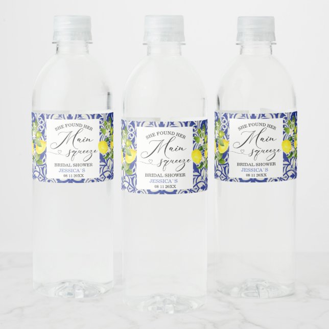 Lemon branch and blue mosaic bridal shower Water B Water Bottle Label (Bottles)
