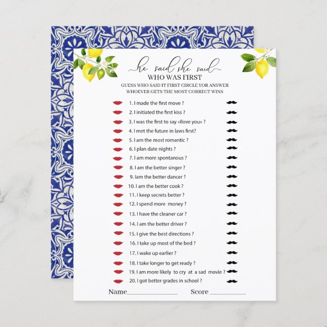 Lemon branch and blue mosaic He said she said game (Front/Back)