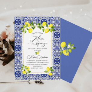 Lemon branch and blue mosaic watercolor baby sho invitation