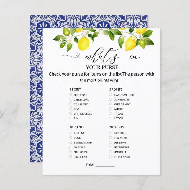 Lemon branch and blue mosaic What is in your purse (Front/Back)