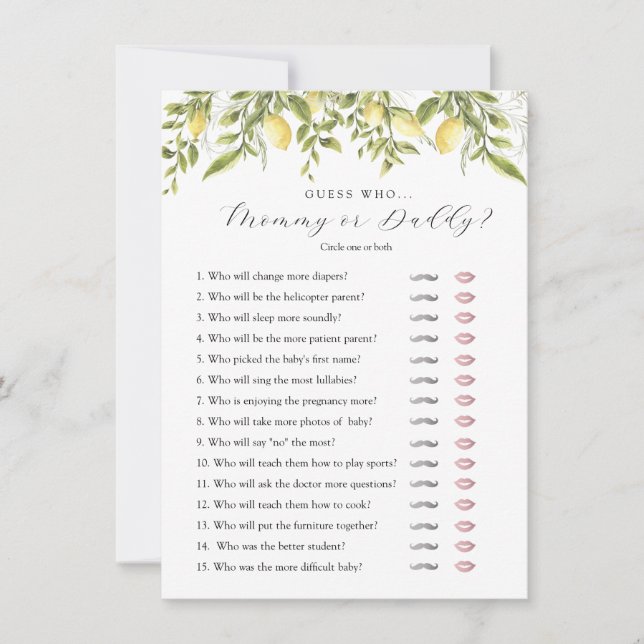 Lemon Branches Baby Guess Who Shower Game Card (Front)