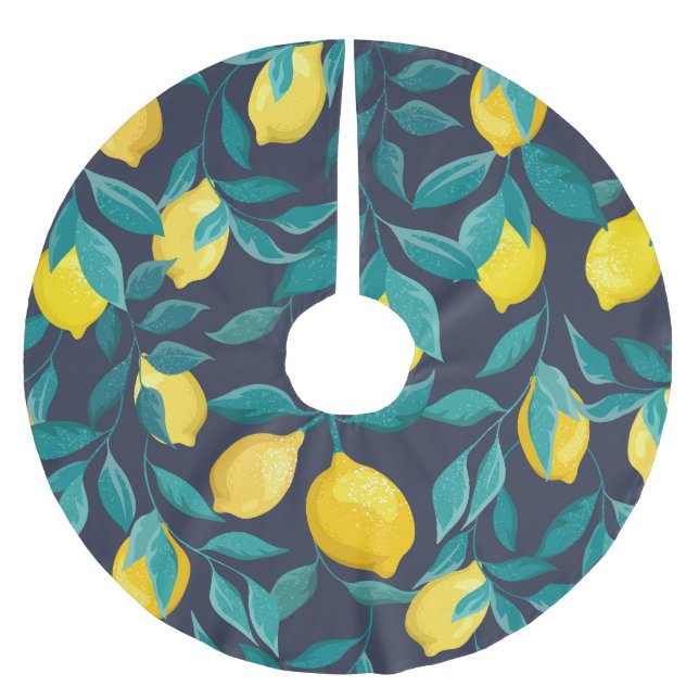 Lemon Branches: Blue Decorative Seamless Brushed Polyester Tree Skirt (Front)