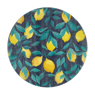 Lemon Branches: Blue Decorative Seamless Cutting Board