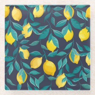 Lemon Branches: Blue Decorative Seamless Glass Coaster