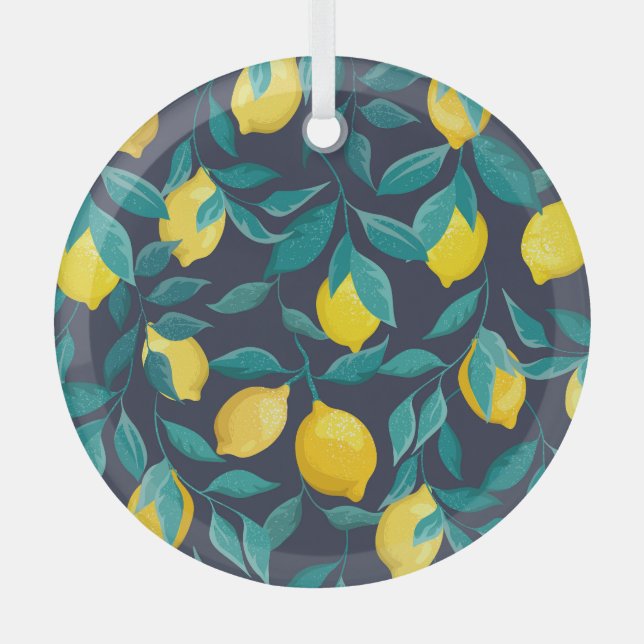 Lemon Branches: Blue Decorative Seamless Glass Tree Decoration (Front)