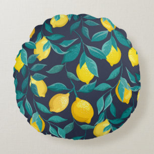 Lemon Branches: Blue Decorative Seamless Round Cushion