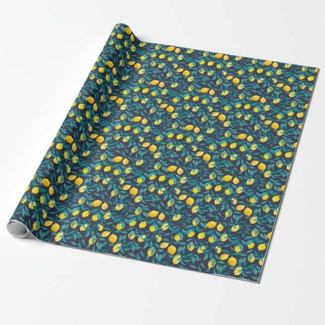 Lemon Branches: Blue Decorative Seamless Wrapping Paper (Unrolled)