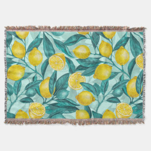 Lemon branches in blue and yellow throw blanket